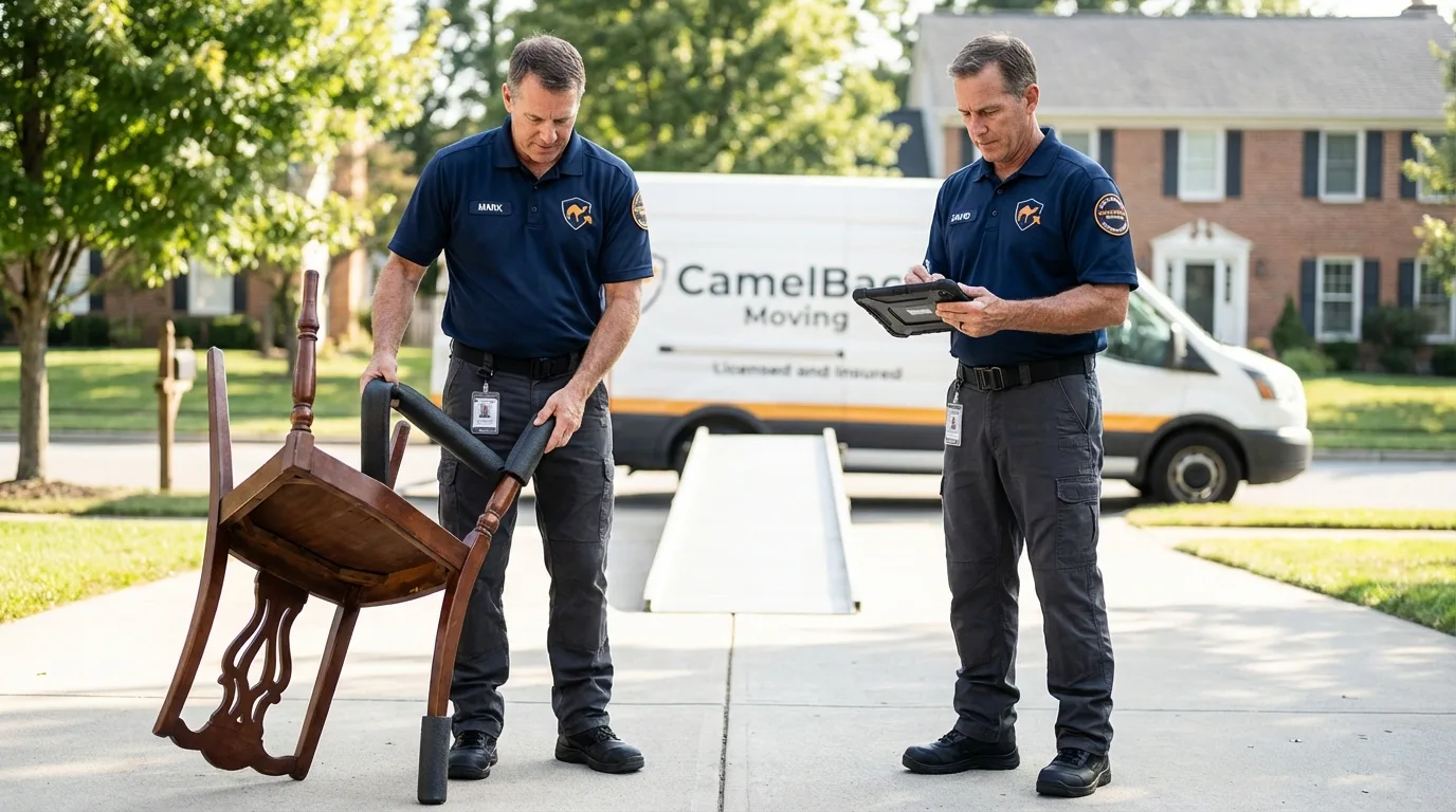 Movers inspecting furniture for damage prevention before loading in Kingwood, WV