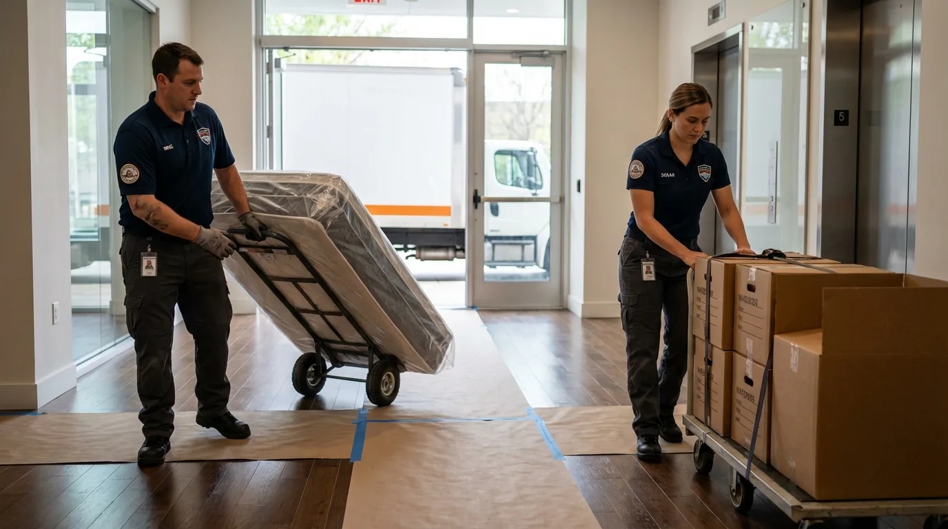 Professional apartment movers loading elevator in Kingwood, WV