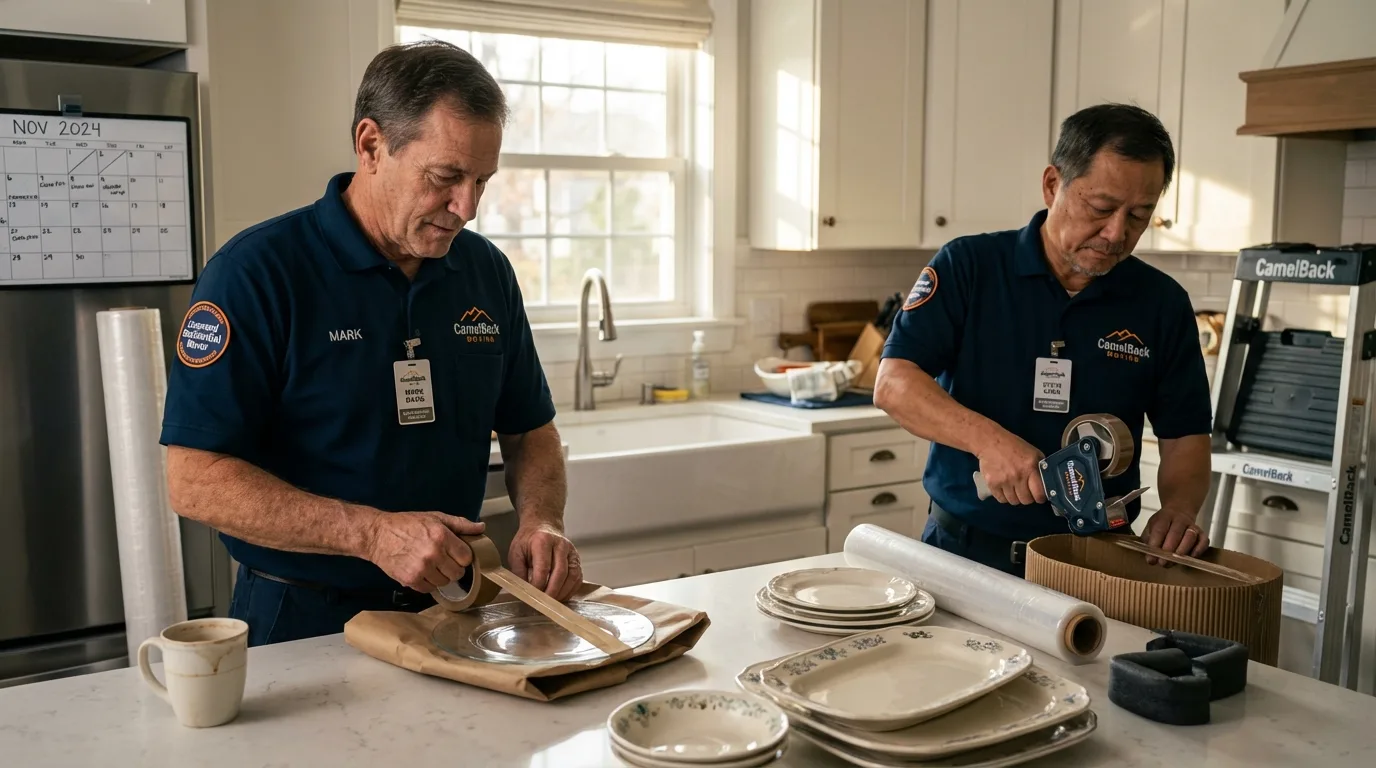 Professional crew packing kitchen dishware in Kingwood, WV